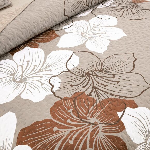 New Taupe Bohemian Floral Quilt Set • 3 PC • QUEEN Size - Picture 4 of 7